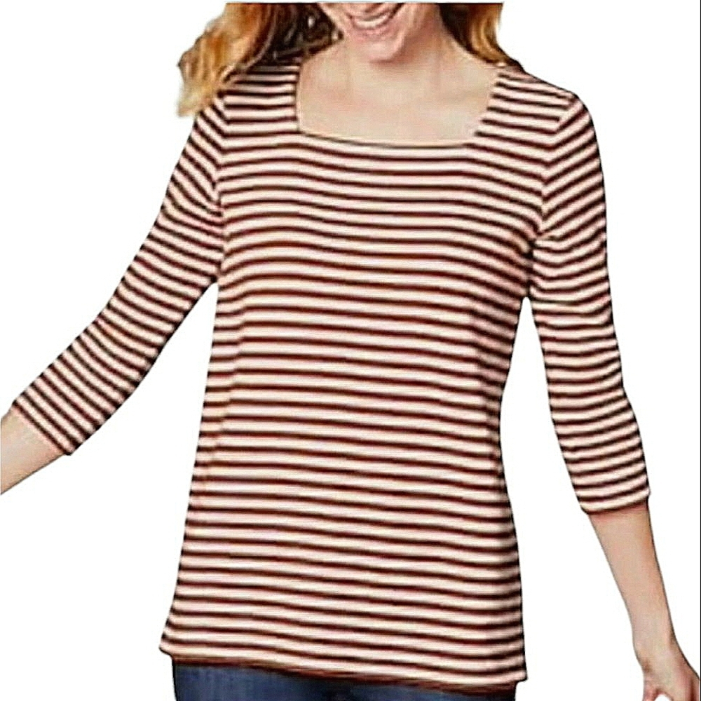 J Jill Striped Knit Top Henna Cream Square Neck 3/4 Button Sleeves Cotton Sz L